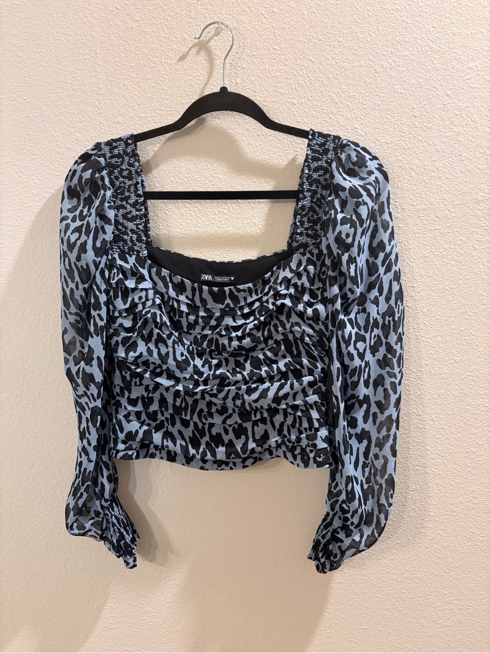 Zara Light Blue and Black Leopard Print Ruched Blouse